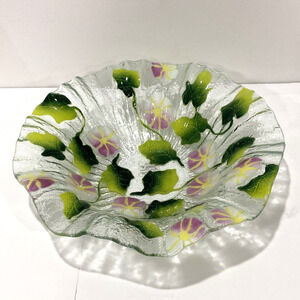 Kali Studio Art Glass Fused Pink & Green Floral Fruit Bowl Ruffle Edge Dish Bowl